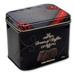 Dream of Sweden - Kakao pudret chokoladetrøfler med mild chili smag - Premium quality - I smuk metalbox - fin gaveidé - 200 gr.