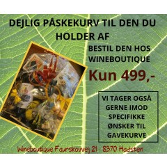 Årets store påskekurv 2026 - En perfekt værtsgave eller bare en gave til en nær ven, ægtefælle eller til en der har gjort en tjeneste. Indeholder 2 fl. forårsvin, påsketrøfler, påskechokolade og andre gode ting